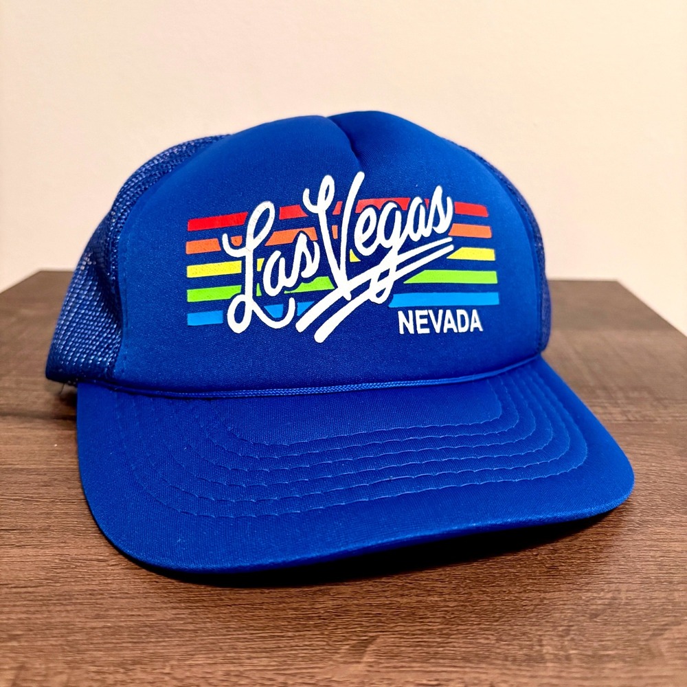 Vintage Las Vegas Nevada Trucker Hat Blue Rainbow Graphic Souvenir‎ Cap
